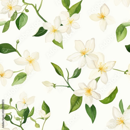 Elegant White Jasmine Flower Blossoms Artistic Floral Pattern Botanical Illustration Decorative Spring photo