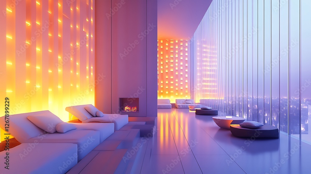 Modern Lounge Featuring Ambient Lighting and City View Modern Lounge Featuring Ambient Lighting and City View