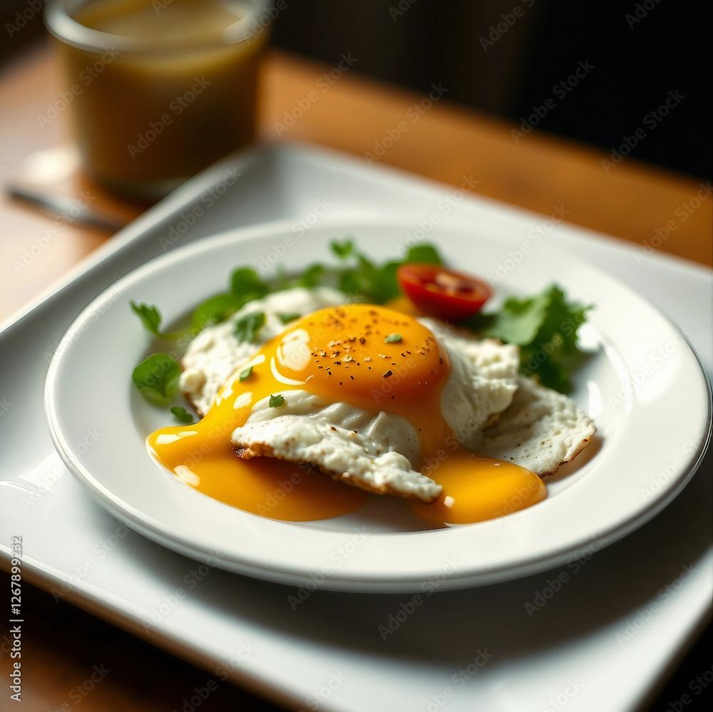 Fried egg on a white plate. Traditional breakfast Fried egg on a white plate. Traditional breakfast