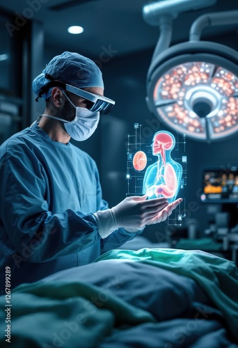 Surgeon using augmented reality glasses examining virtual human organs in operating room