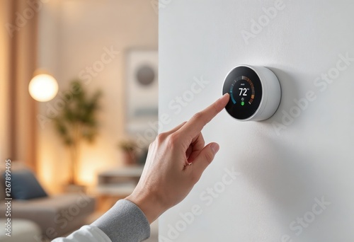 Homeowner adjusting temperature on smart thermostat, enjoying comfort and automation