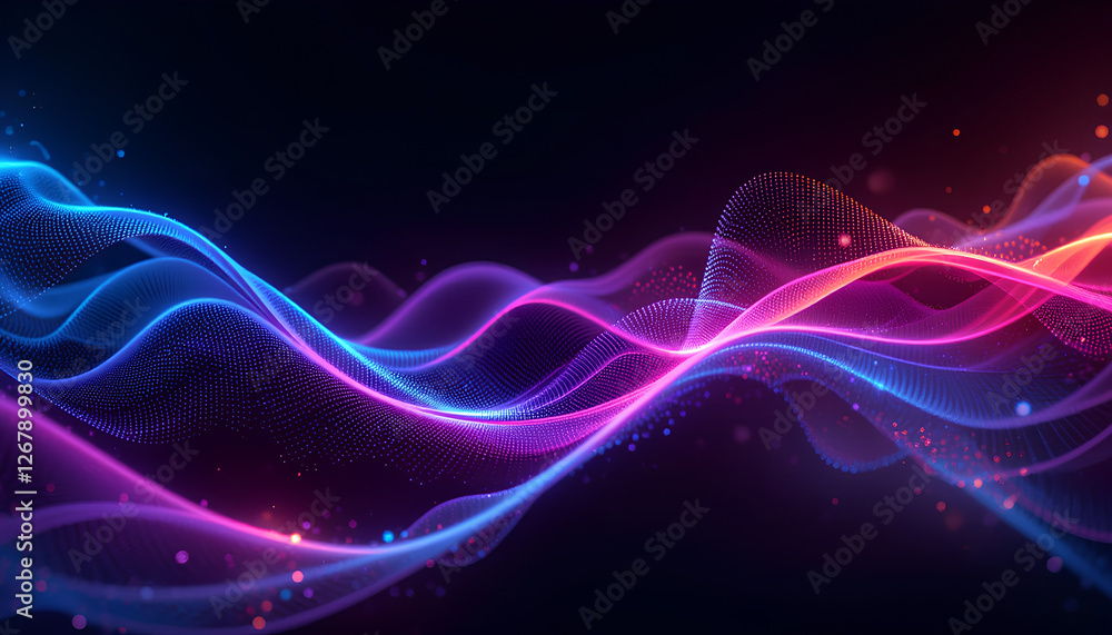 Fototapeta premium Abstract sound wave lines with dynamic colorful light flowing on black background – futuristic music and technology visualization