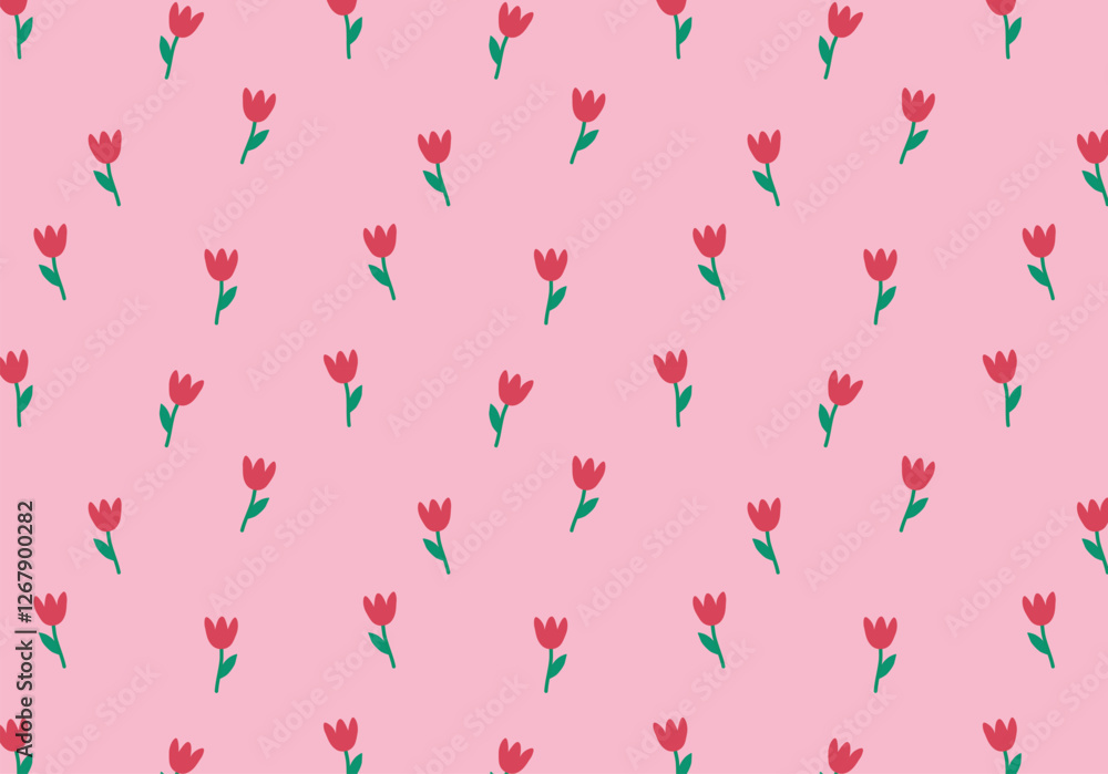 Pattern with small flowers. Seamless print with hand-drawn tulips on a pink field. Floral spring and summer print for textiles, fabric, clothing and wrapping paper. Vector pattern. Pattern with small flowers. Seamless print with hand-drawn tulips on a pink field. Floral spring and summer print for textiles, fabric, clothing and wrapping paper. Vector pattern.