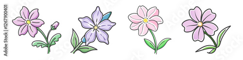 Illustrated Creeping Phlox Flowers in Soft Pastels - Hand-drawn creeping phlox flowers in shades of pink and purple with delicate green leaves, showcasing a soft, artistic design.
