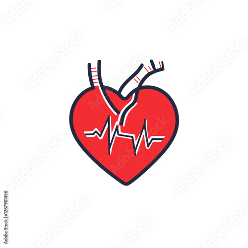 Artistic heart illustration with arteries and heartbeat line symbolizing health and vitality in color, icon