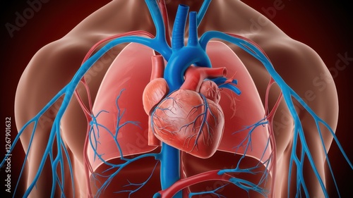 Human torso showing heart lungs arteries and veins network