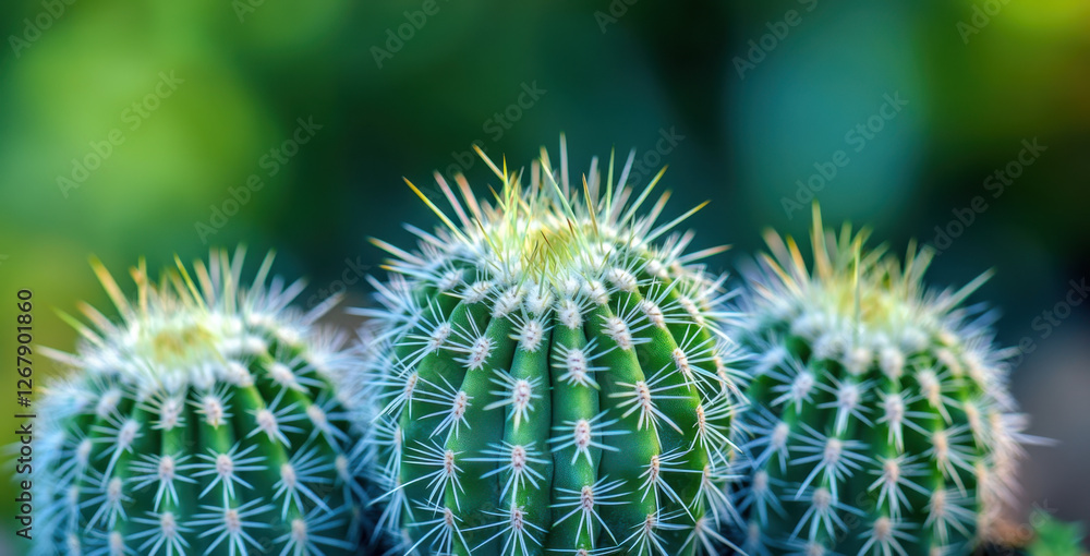 A trio of lush green cacti showcases their long white spines, thriving in a tranquil outdoor environment illuminated by gentle light A trio of lush green cacti showcases their long white spines, thriving in a tranquil outdoor environment illuminated by gentle light