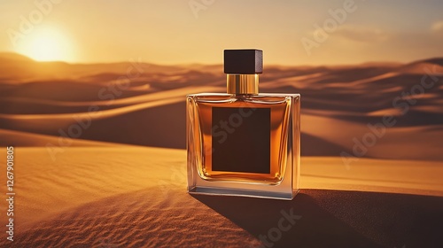 Perfume bottle glowing under desert sunlight, capturing natural essence.