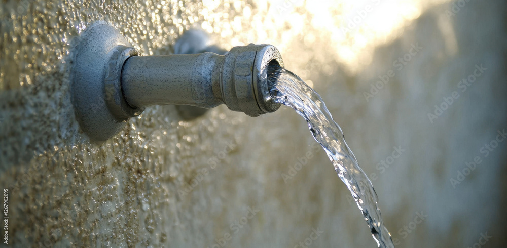 Water cascades from a metal spout against a textured backdrop, creating a serene outdoor atmosphere in natural lighting Water cascades from a metal spout against a textured backdrop, creating a serene outdoor atmosphere in natural lighting