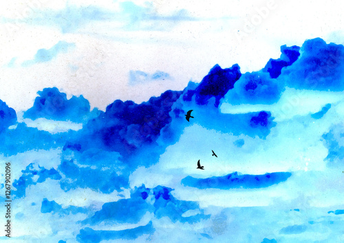 Ilustracja czarne ptaki zachmurzone niebo kontrastowe kolory tekstura.