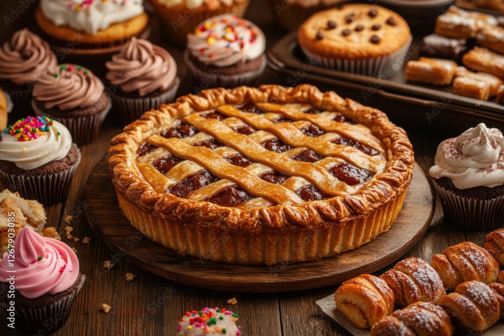 Baking Delights on Rustic Wooden Table - Closeup of Freshly Baked Pie, Cookies, Cupcakes, and Cinnamon Rolls with Soft Lighting and Copy Space for Commercial or Editorial Use Baking Delights on Rustic Wooden Table - Closeup of Freshly Baked Pie, Cookies, Cupcakes, and Cinnamon Rolls with Soft Lighting and Copy Space for Commercial or Editorial Use