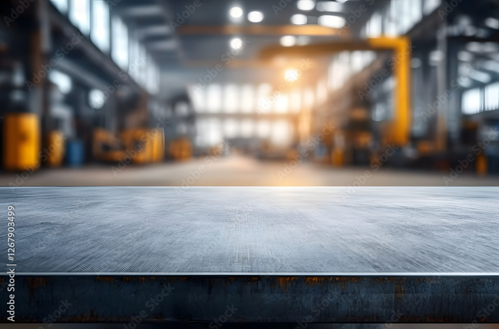 blurred background of factory and empty steel tabletop in foreground. Business presentation blurred background of factory and empty steel tabletop in foreground. Business presentation