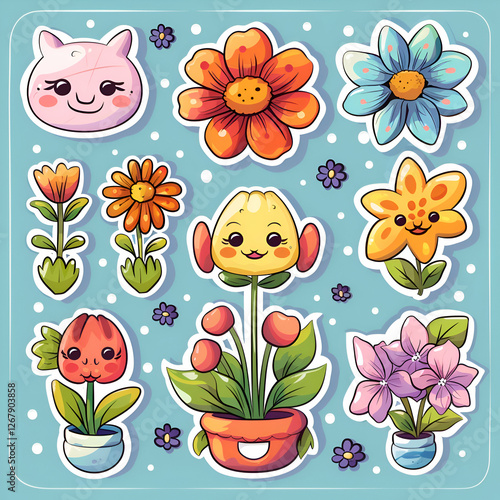 Adorable Cartoon Flower Stickers. Cute Plants and Floral Designs