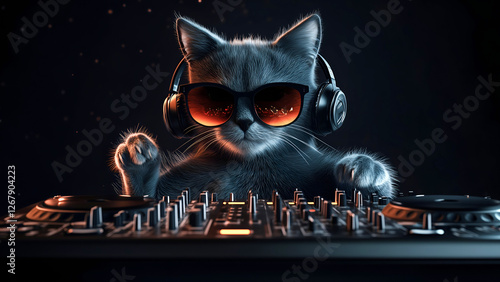  A stylish and cool DJ cat performs in a nightclub. The cat wearing sophisticated sunglasses and professional headphones confidently stands behind a high-quality DJ console, fine-tuning the controls. 