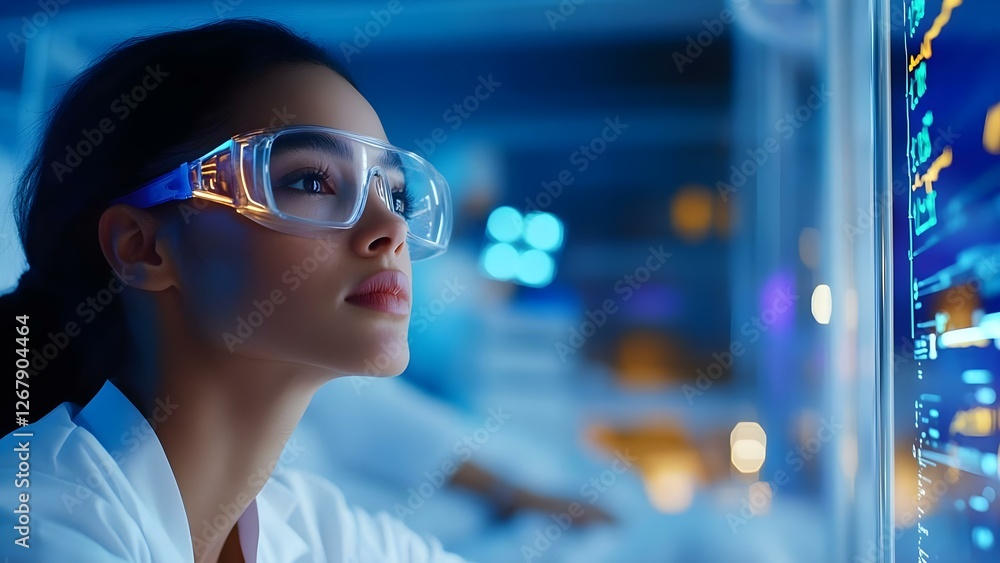 A focused woman in glasses examines digital data in a high-tech laboratory setting. Concept High-Tech Laboratory, Data Analysis, Focused Professional, Innovative Research Environment A focused woman in glasses examines digital data in a high-tech laboratory setting. Concept High-Tech Laboratory, Data Analysis, Focused Professional, Innovative Research Environment