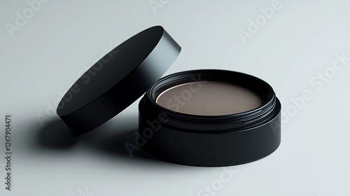 Compact powder with a sleek black casing rests on a smooth surface in a bright, minimalistic setting