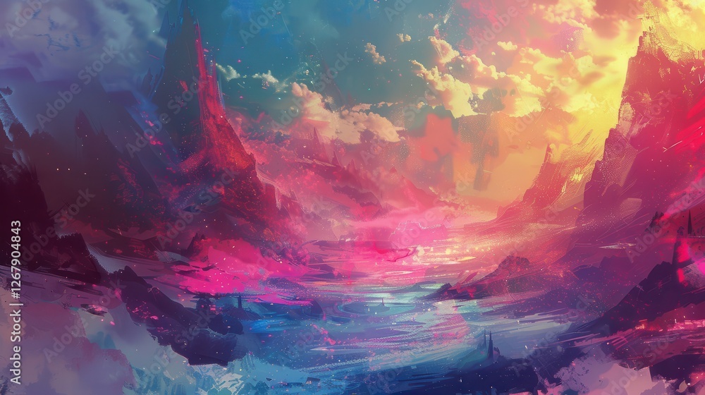 Fototapeta premium Vibrant abstract landscape futuristic scene digital art serene environment