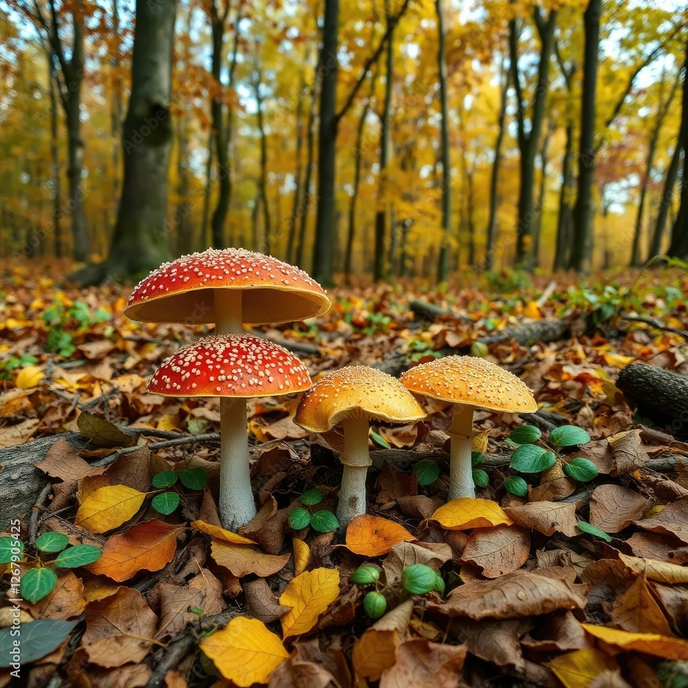 Autumn forest landscape with Edulis mushrooms and fallen leaves, edulis, forest, leaves Autumn forest landscape with Edulis mushrooms and fallen leaves, edulis, forest, leaves