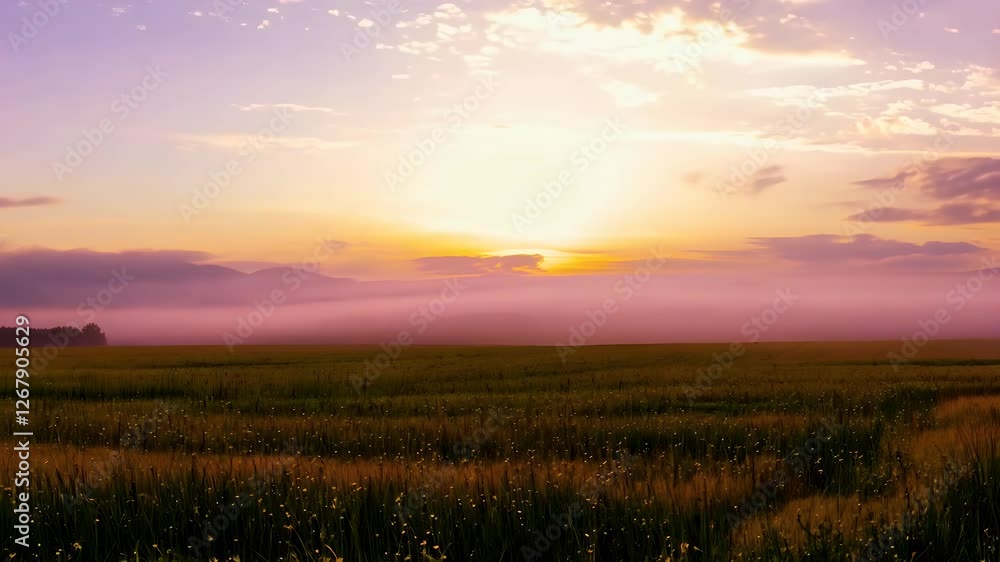scene of misty rye field illuminated beautiful purple yellow sunrise showcasing colorful pink sky clouds calm horizon presented wide shot panning real time ultra ProRes form scene of misty rye field illuminated beautiful purple yellow sunrise showcasing colorful pink sky clouds calm horizon presented wide shot panning real time ultra ProRes form