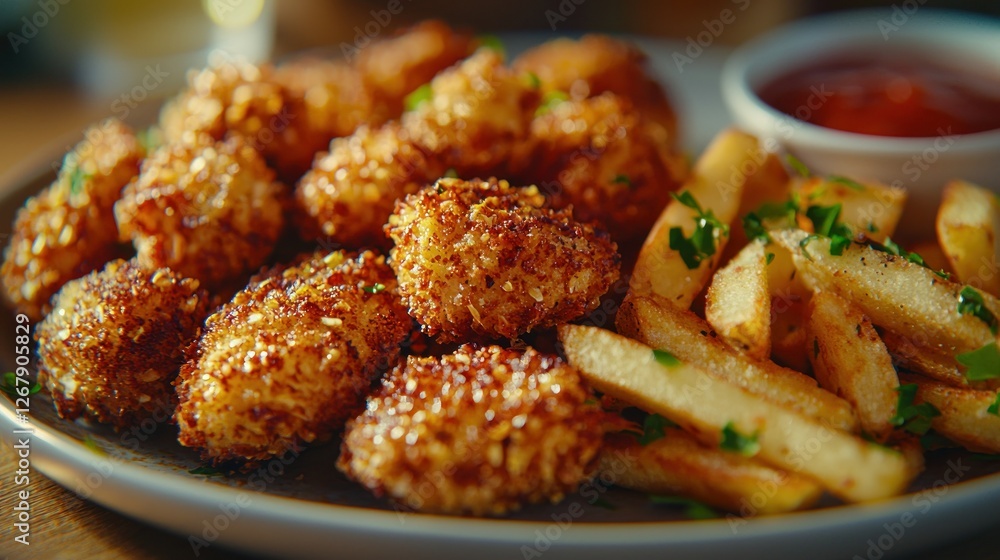 Crispy fried bites with fries and dipping sauce on a plate in a restaurant Crispy fried bites with fries and dipping sauce on a plate in a restaurant