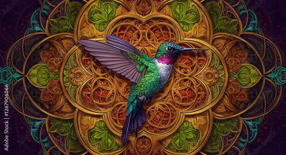 Fototapeta premium Hummingbird Flying in Front of Golden Ornate Mandala Background Art