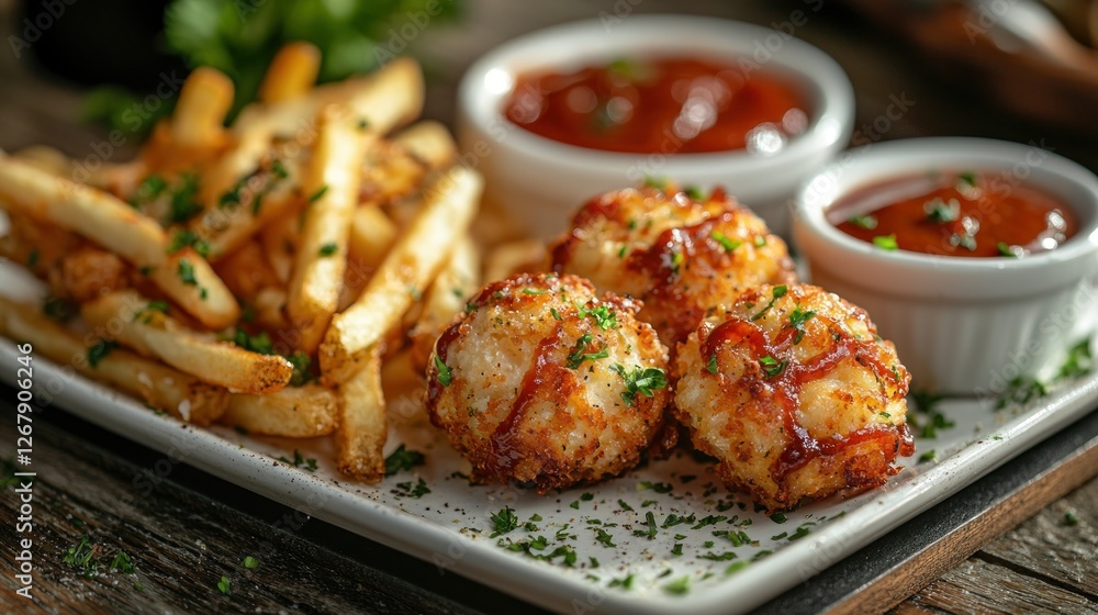 Fototapeta premium Crispy fried food platter with french fries and dipping sauces on rustic wood
