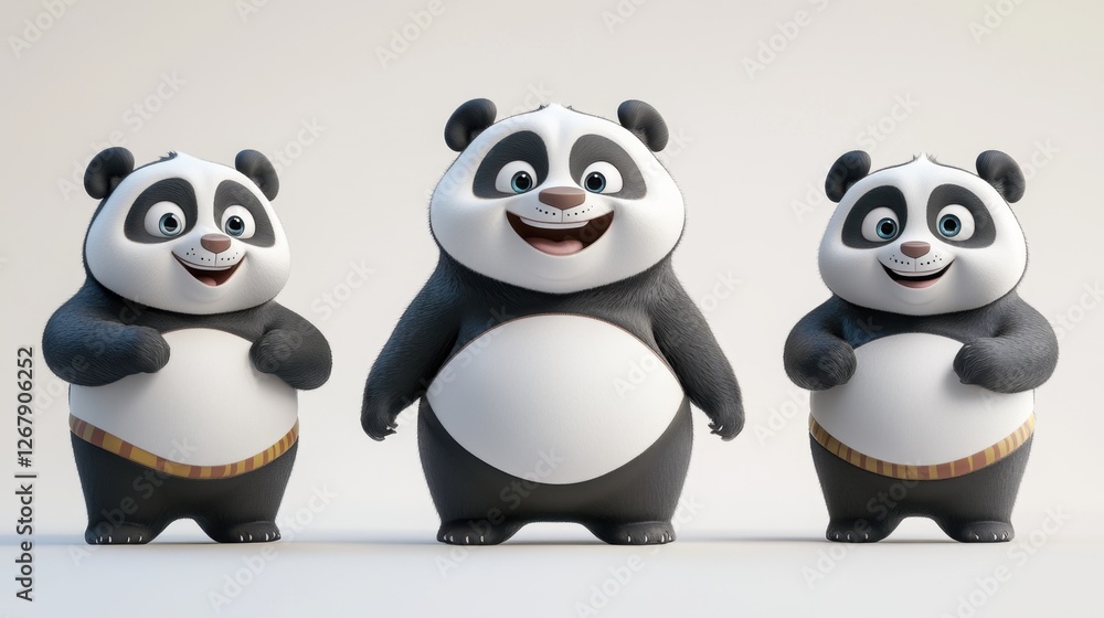 Obraz premium Three cartoon pandas are standing in a row, with one of them being the tallest. They all have big smiles on their faces, giving the impression that they are happy and enjoying themselves