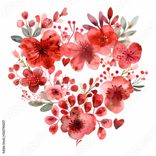 Watercolor Red Floral Heart. Romantic Flower Arrangement