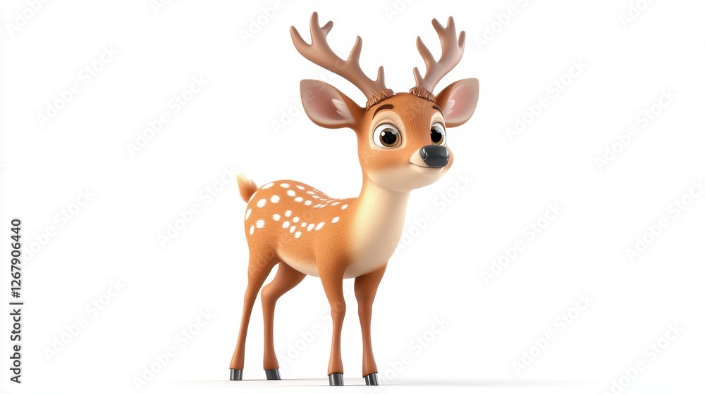 Fototapeta premium A cartoon deer with antlers stands on a white background. The deer has a happy expression on its face