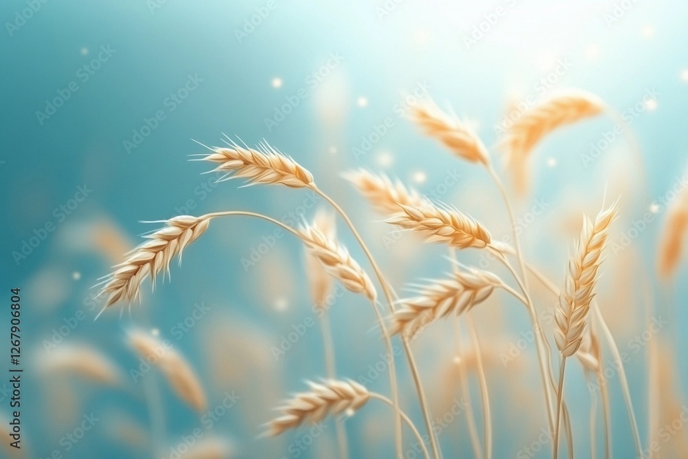 Golden wheat stalks sway gently in the breeze, illuminated by the soft light of dawn against a tranquil blue background. Generative AI Golden wheat stalks sway gently in the breeze, illuminated by the soft light of dawn against a tranquil blue background. Generative AI