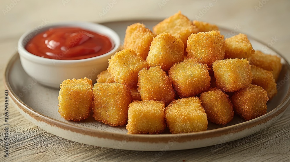 Crispy fried polenta cubes on plate with ketchup, light wooden background Crispy fried polenta cubes on plate with ketchup, light wooden background