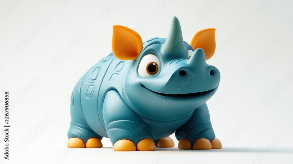 A cartoon rhino with a horn on its head is smiling. The rhino is blue and orange A cartoon rhino with a horn on its head is smiling. The rhino is blue and orange