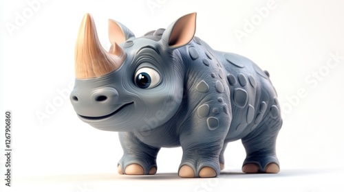 A cartoon rhino with a big horn and a smile on its face. The rhino is standing on a white background