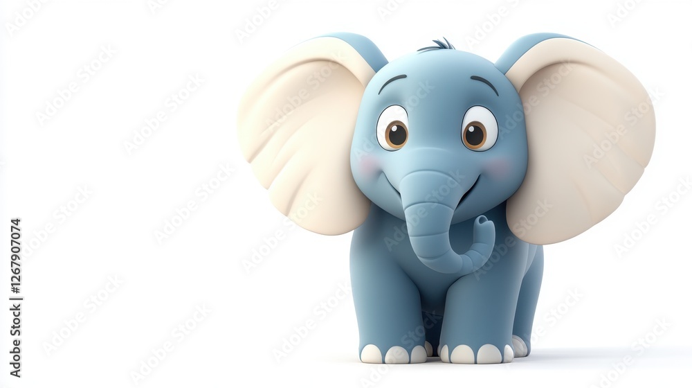 Fototapeta premium A cartoon elephant with a big ear and a smile on its face. The elephant is standing on a white background