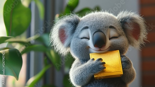 A cartoon koala is holding a gold box in its mouth. The koala is smiling and he is happy photo