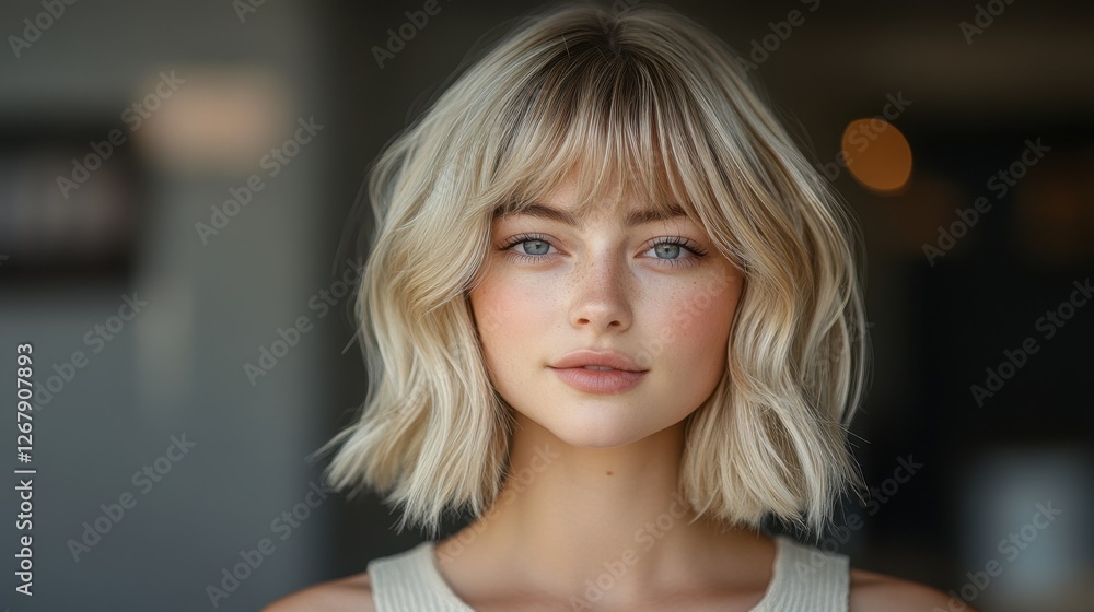 Fototapeta premium A blonde woman with short hair and a white tank top. She has a bright smile and is looking directly at the camera