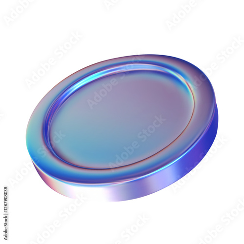 Neon coin isolated on transparent background. 3d holographic primitive shape	
