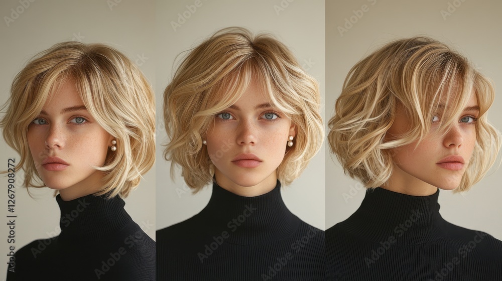 A woman with short blonde hair is wearing a black sweater and a black hat. She is posing for a photo A woman with short blonde hair is wearing a black sweater and a black hat. She is posing for a photo