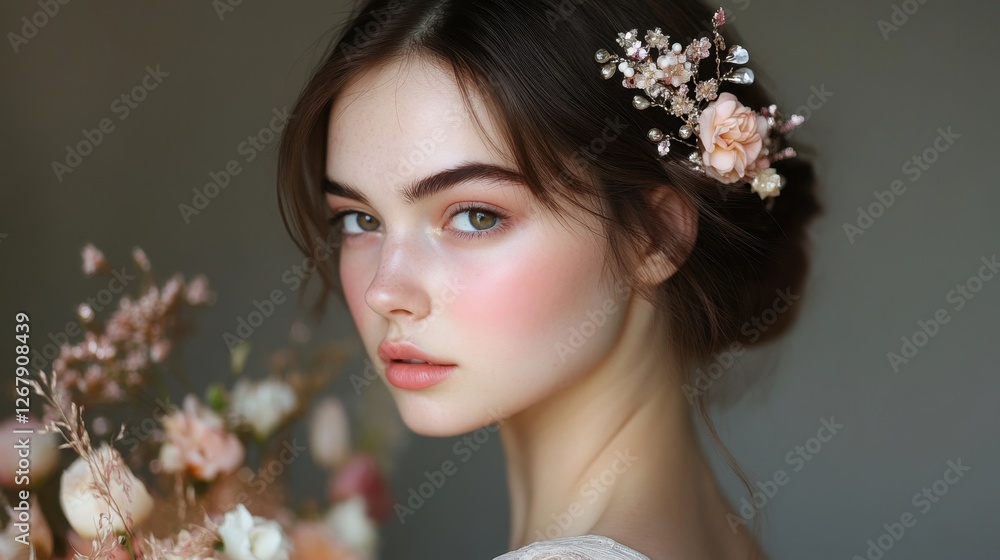 A woman with a flowery headband is holding a bouquet of flowers. The flowers are pink and white, and the woman's hair is styled in a bun. Scene is elegant and feminine A woman with a flowery headband is holding a bouquet of flowers. The flowers are pink and white, and the woman's hair is styled in a bun. Scene is elegant and feminine