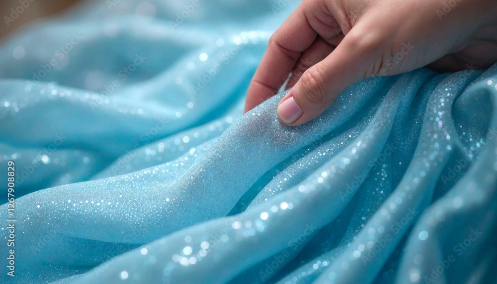 Hand touching sparkly blue fabric close-up Hand touching sparkly blue fabric close-up