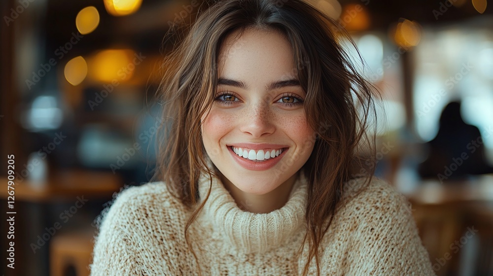 elegant woman smiling while sitting in cafe enjoying a moment of relaxation and personal joy in a modern and cozy coffee shop interior elegant woman smiling while sitting in cafe enjoying a moment of relaxation and personal joy in a modern and cozy coffee shop interior