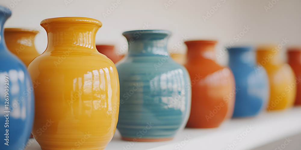 A vibrant arrangement of vases in a spectrum of colors adds a touch of artistic flair to a minimalist setting, perfect for home decor inspiration. A vibrant arrangement of vases in a spectrum of colors adds a touch of artistic flair to a minimalist setting, perfect for home decor inspiration.