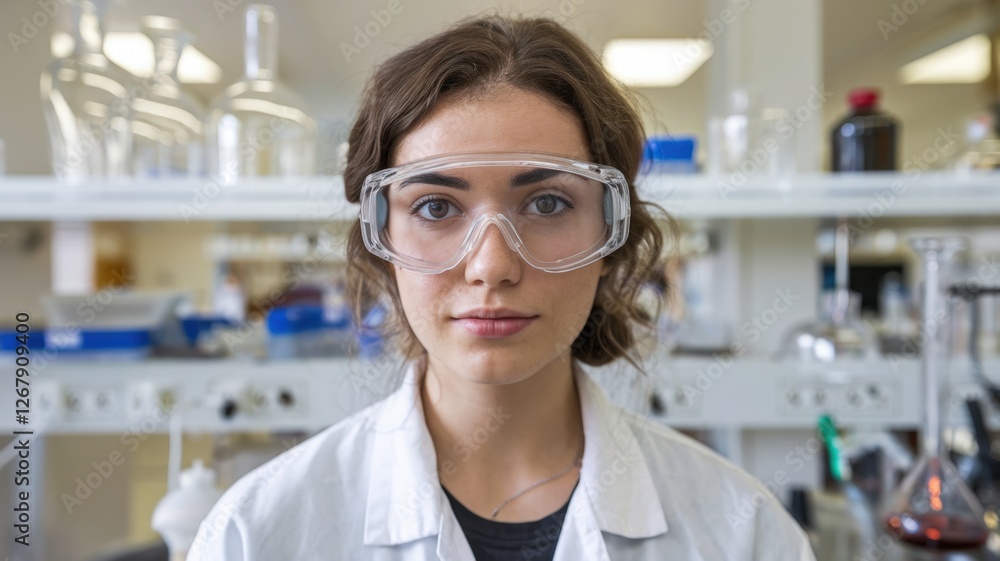 Fototapeta premium Young woman in laboratory wearing safety goggles and white lab coat