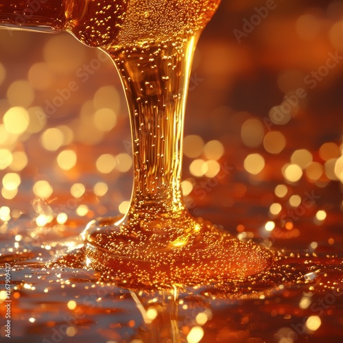 Golden Liquid Pouring Over Sparkling Surface photo