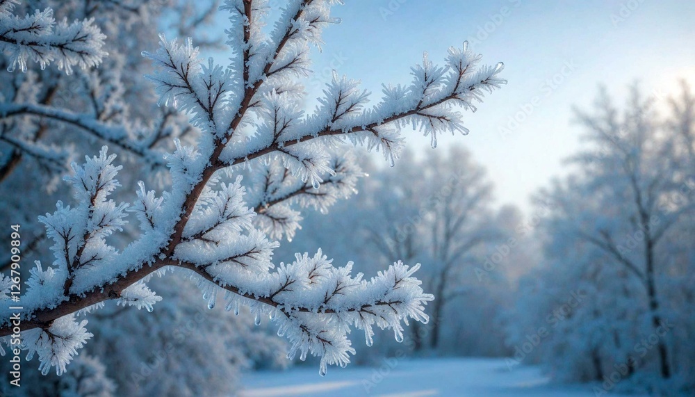 Frosty Branch with Snowy Trees Background Frosty Branch with Snowy Trees Background