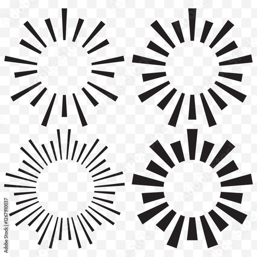 Set of black rings with sound waves, interrupted lines and dots. Sonar rings with radial lines. Radar icon, target, epicenter. Vector concentric vortex circles. EPS 10.