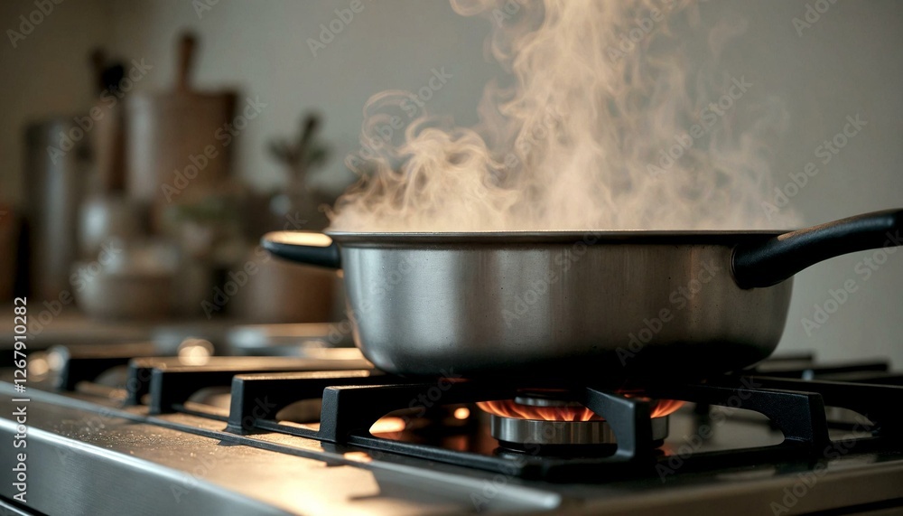 Steam Rising from Pot on Gas Stove Indoors Steam Rising from Pot on Gas Stove Indoors