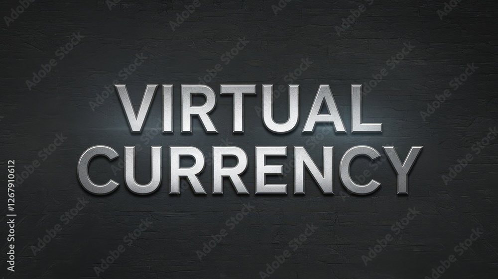 Virtual currency concept displayed in bold metallic letters Virtual currency concept displayed in bold metallic letters