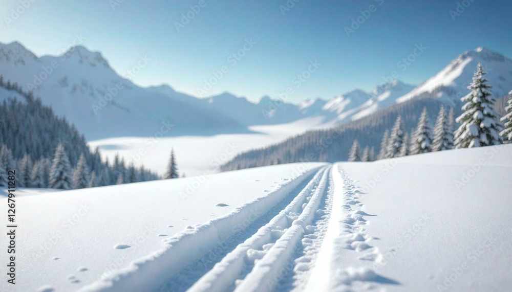Snowy landscape with clear blue sky and mountains Snowy landscape with clear blue sky and mountains