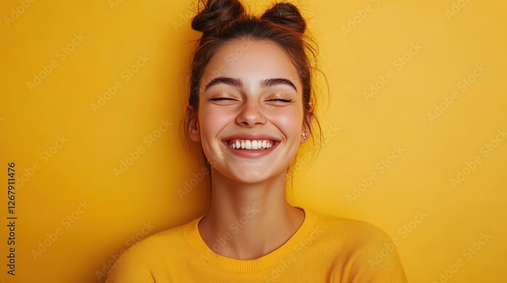 Joyful Young Woman Smiling Against Vibrant Yellow Background Joyful Young Woman Smiling Against Vibrant Yellow Background